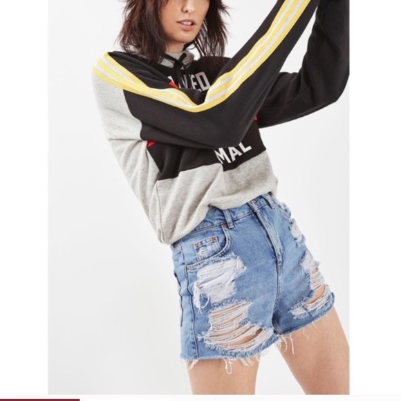 Topshop Distressed Denim Ripped Mom Shorts 8 - Picture 1 of 5